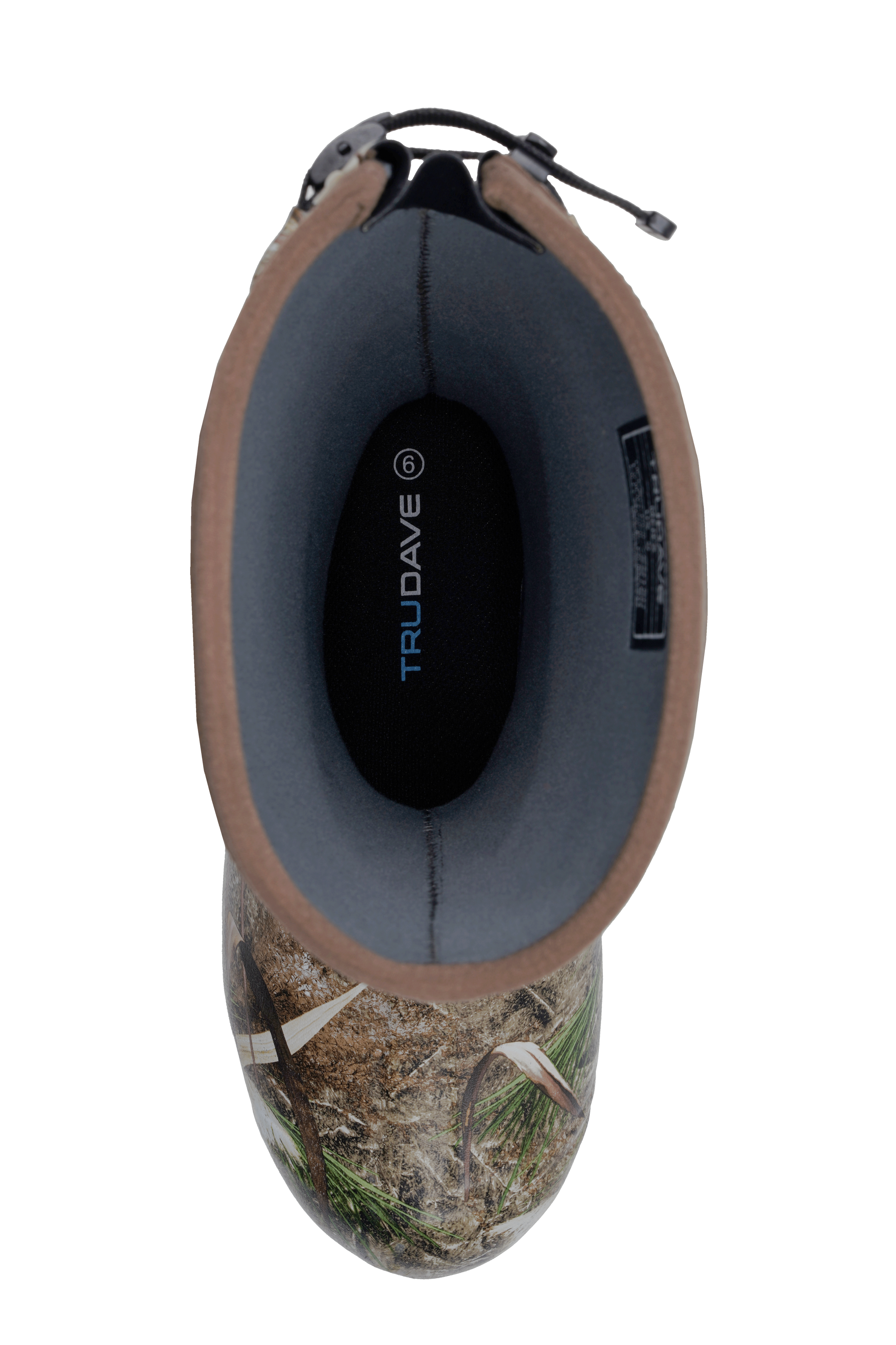 alt="Top view of Trudave TrailGuard Series men’s tall waterproof insulated hunting boots in Reed Grass color showing spacious interior, padded lining, and sturdy high shaft design for comfort, warmth, and waterproof performance in outdoor hunting environments"